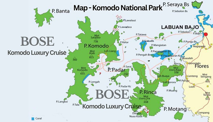 Map showing the geographic location of Komodo National Park between Flores and Sumbawa islands.