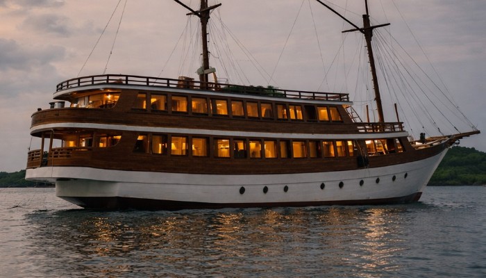 A luxury boat sailing from Lombok to the Komodo dragon island in Indonesia.
